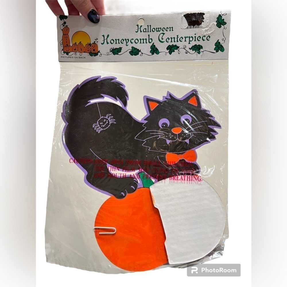 Vintage a Halloween Black Cat & Pumpkin Honeycomb Centerpiece Decoration NEW